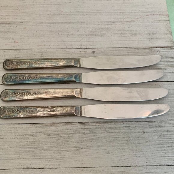4 Meriden Silverplate Delight Knives Dinner Knife Floral Vintage 50s HTF Set 8.5 - Picture 9 of 10